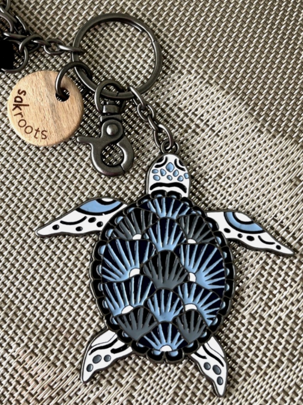 Sakroots Turtle Keychain Clip Tassel Wooden Charm Blue + White Beach Ocean Shore